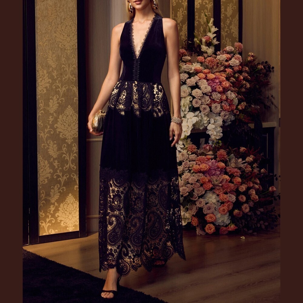 Black Velvet Lace Overlay Halter Plunge Neck Maxi Dress